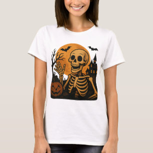 Glimlachend Skelet met Pompoen en Volle Maan – Spe T-shirt