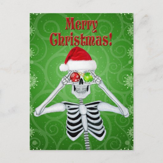 Glimlachend Skelet Santa Hat Ornamenten Groene Swi Briefkaart (Voorkant)