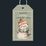 Glimlachend Snowman Christmas Gift Label Cadeaulabel<br><div class="desc">Schattigee Sneeuwman in bruin gekleurd Pet en groen gestreepte sjaal KERST CADEAU LABEL!</div>