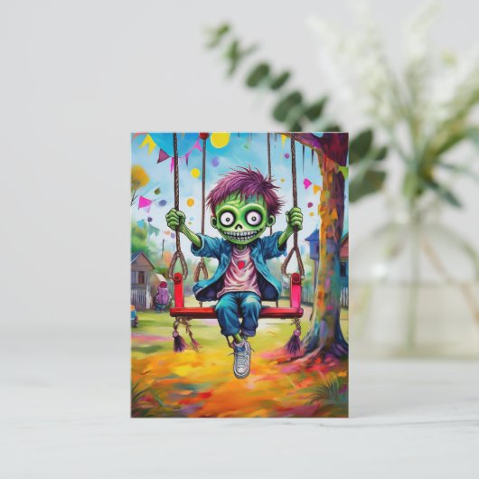 Glimlachend Zombie Kind op Schommel met Feestvlagg Briefkaart (Staand voorkant)