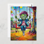 Glimlachend Zombie Kind op Schommel met Feestvlagg Briefkaart (Voorkant / Achterkant)