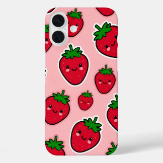 Glimlachende aardbei met roze wangen iPhone 16 plus hoesje