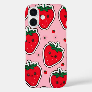 Glimlachende Aardbei Schattige Kawaii iPhone 16 Hoesje