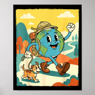 Glimlachende aarde wandelen met hond retro cartoon poster