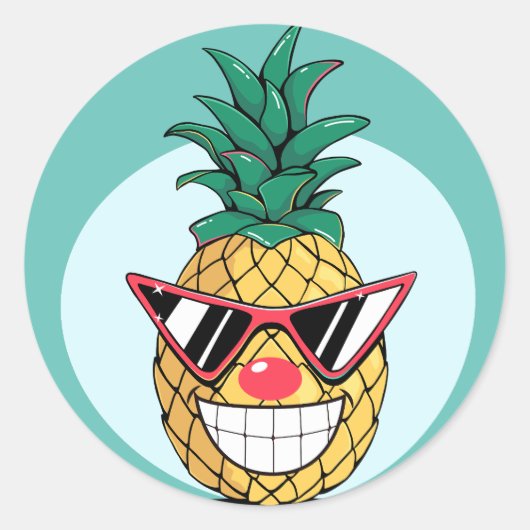 Glimlachende ananas dragen zonnebril & clown neus ronde sticker (Voorkant)