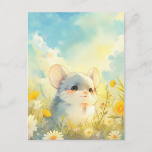 Glimlachende baby chinchilla in gele bloemenweide briefkaart