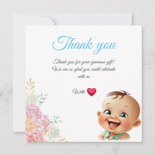 Glimlachende baby met rozen en blauwe dank je bedankkaart