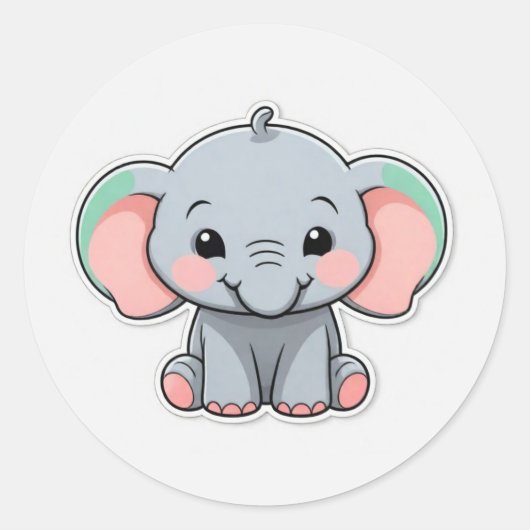 Glimlachende Baby Olifant met Blush Cheeks, kawaii Ronde Sticker (Voorkant)