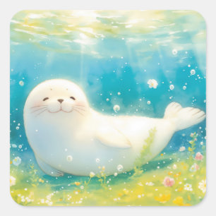 Glimlachende babyzeehond in bloemige onderwater tu vierkante sticker