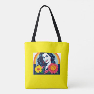 Glimlachende blije vrouw gezicht bloemen tote bag