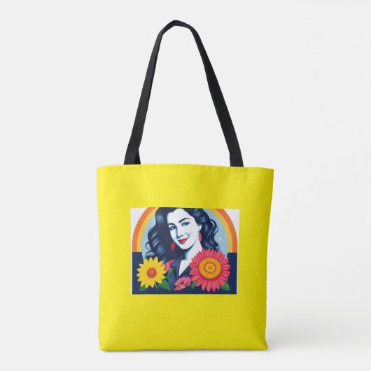 Glimlachende blije vrouw gezicht bloemen tote bag (Achterkant)