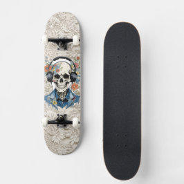 Glimlachende Bloemenschedel met Koptelefoon op Kan Persoonlijk Skateboard