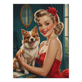 Glimlachende Blonde Pin-Up in rode jurk met Schatt Perfect Poster