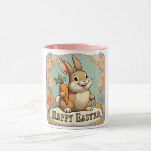 Glimlachende Bunny met Wortel Bloemen Gelukkig Pas Mok (Midden)