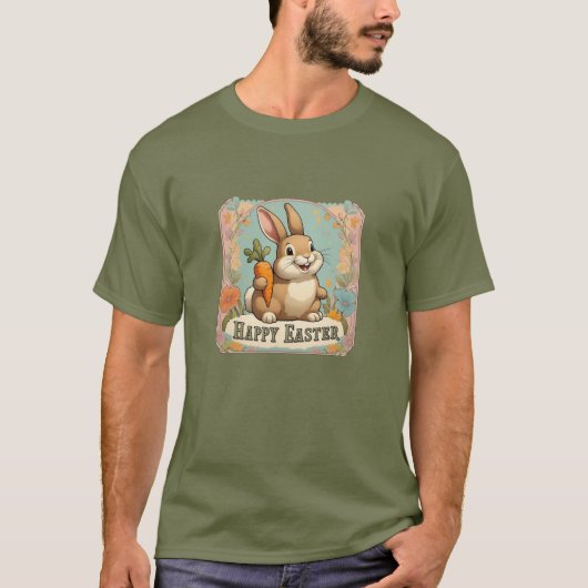 Glimlachende Bunny met Wortel Bloemen Gelukkig Pas T-shirt (Voorkant)
