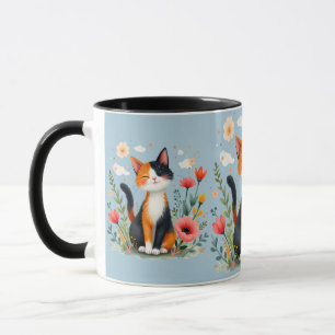 Glimlachende Calico Kat in Bloeiende Tuin Blauw Mok