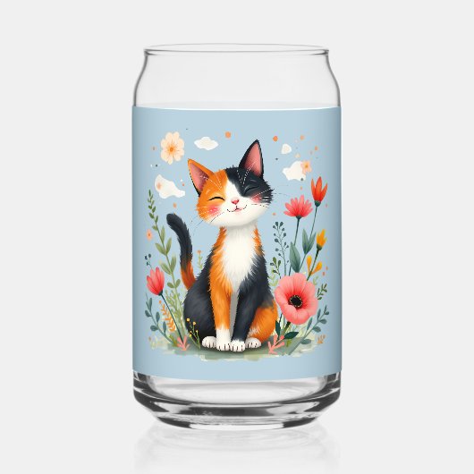 Glimlachende Calico-kat in bloeiende tuin Blikvorm Glas (Voorkant)