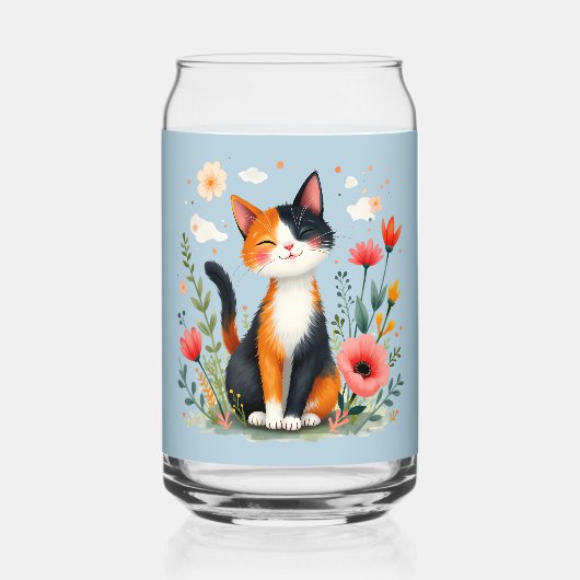 Glimlachende Calico-kat in bloeiende tuin Blikvorm Glas (Achterkant)