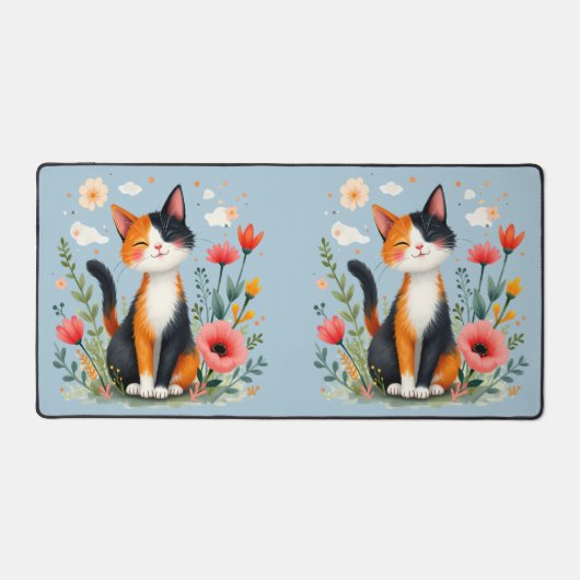 Glimlachende Calico-kat in bloeiende tuin Bureaumat (Voorkant)