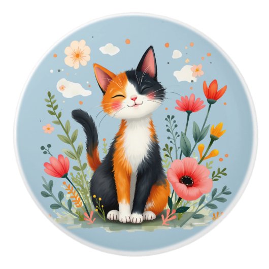 Glimlachende Calico-kat in bloeiende tuin Keramische Knop (Voorkant)