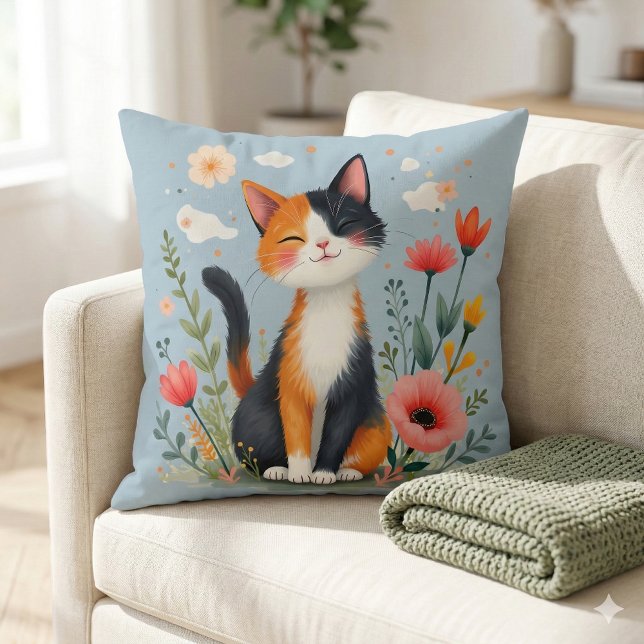 Glimlachende Calico-kat in bloeiende tuin Kussen (Smiling Calico Cat in Blooming Garden Throw Pillow Mockup A)