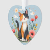 Glimlachende Calico-kat in bloeiende tuin Ornament (voorkant)