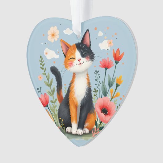 Glimlachende Calico-kat in bloeiende tuin Ornament (voorkant)