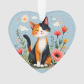 Glimlachende Calico-kat in bloeiende tuin Ornament (voorkant)