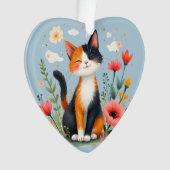 Glimlachende Calico-kat in bloeiende tuin Ornament (voorkant)