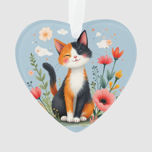 Glimlachende Calico-kat in bloeiende tuin Ornament (achterkant)