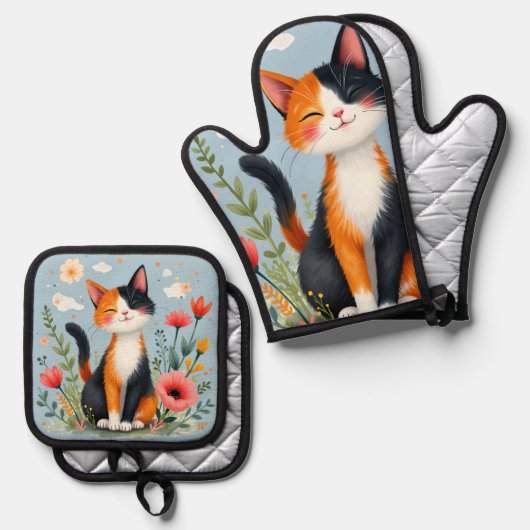 Glimlachende Calico-kat in bloeiende tuin Ovenwant & Pannenlap Set (Voorkant / Achterkant)