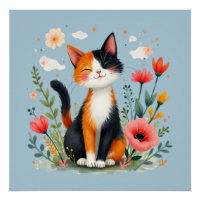 Glimlachende Calico-kat in bloeiende tuin