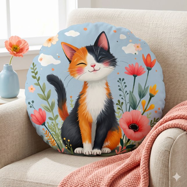 Glimlachende Calico Kat in Bloeiende Tuin Rond Kussen (Smiling Calico Cat in Blooming Garden Round Pillow)