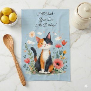 Glimlachende Calico Kat in Bloeiende Tuin Theedoek