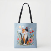 Glimlachende Calico-kat in bloeiende tuin Tote Bag (Voorkant)