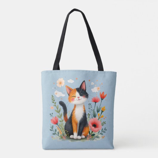 Glimlachende Calico-kat in bloeiende tuin Tote Bag (Achterkant)