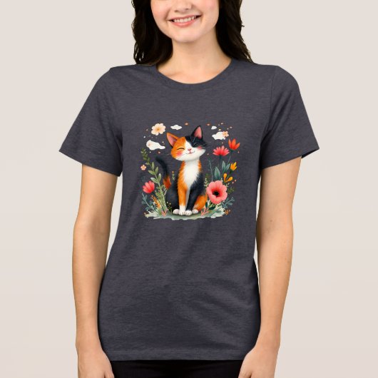 Glimlachende Calico-kat in bloeiende tuin Tri-Blend Shirt (Voorkant)