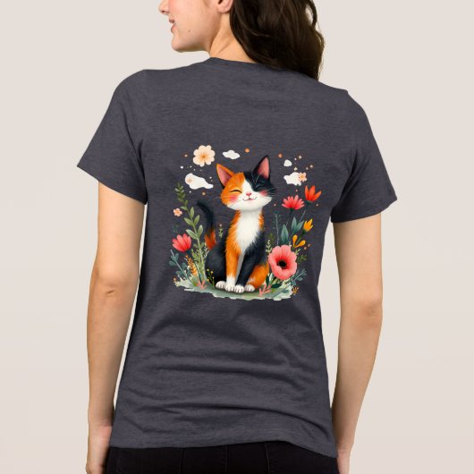 Glimlachende Calico-kat in bloeiende tuin Tri-Blend Shirt (Achterkant)