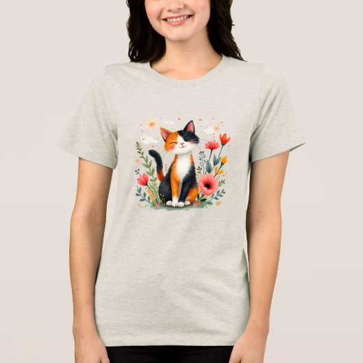 Glimlachende Calico-kat in bloeiende tuin Tri-Blend Shirt (Voorkant)