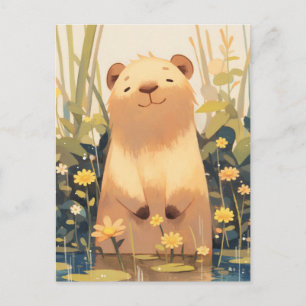 Glimlachende Capybara in vijver met gele veldbloem Briefkaart