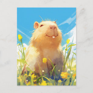 Glimlachende Capybara in Zonnige Gele Weide met Wi Briefkaart
