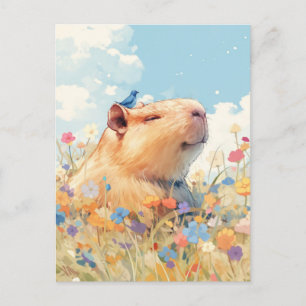 Glimlachende Capybara met Blauwe Vogel in bloemenw Briefkaart
