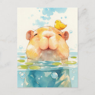 Glimlachende Capybara Zwemt met Kleine Gele Vogel Briefkaart