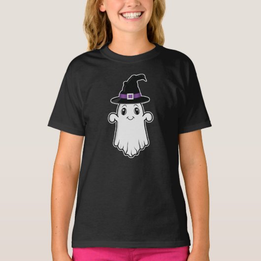 Glimlachende Cartoon Ghost Dragen Heks Pet Hallowe T-shirt (Voorkant)