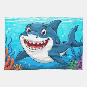 Glimlachende Cartoon Haai Onderwater Oceaan Zeelev Theedoek