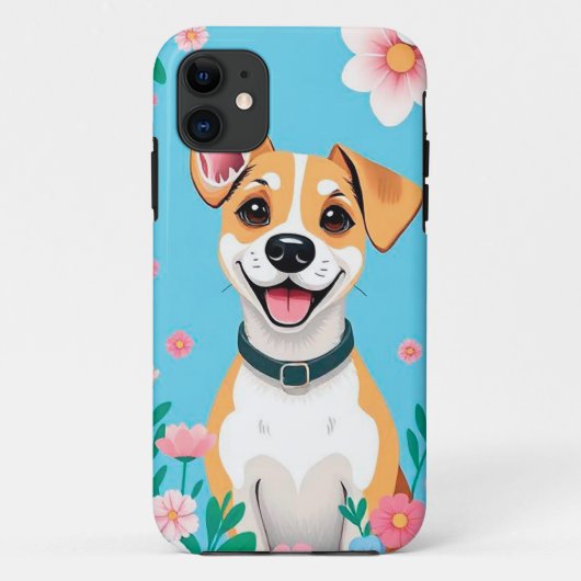 Glimlachende Cartoon Hond Omringd door Bloemen Case-Mate iPhone Case (Achterkant)