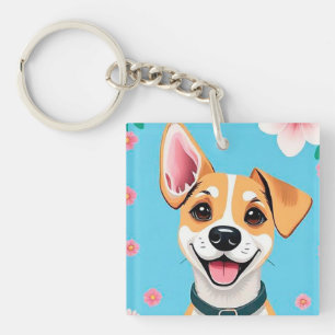 Glimlachende Cartoon Hond Omringd door Bloemen Sleutelhanger