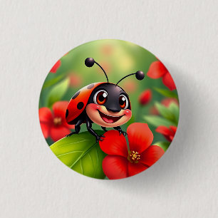 Glimlachende Cartoon Lieveheersbeestje Zit op Bloe Ronde Button 3,2 Cm