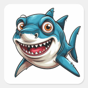 Glimlachende Cartoonhaai die Onderwater Zwemt Vierkante Sticker