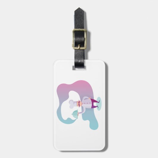 Glimlachende chef-kok met snor en dienblad bagagelabel (Voorkant verticaal)